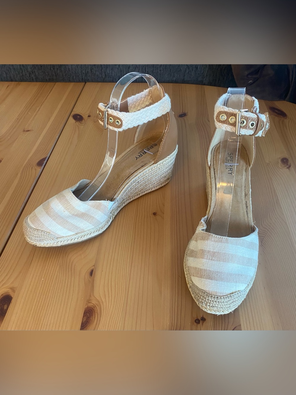 Sperry Top Sider Espadrille Wedge Heel Sandals Ankle Strap Beige Brown 9.5